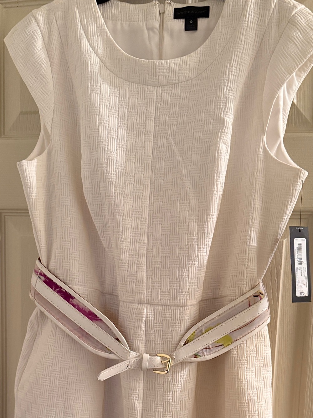Worthington White Textured Sheath Dress with Floral-Trim Belt Size 12 Misses